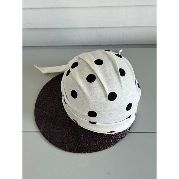 Neiman Marcus Women's White Black Polka Dot Woven Straw Cap Hat with Scarf Bow - Picture 5 of 7